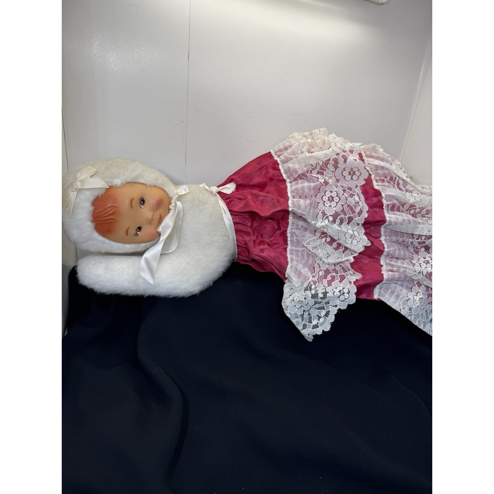 Vintage Rubber Faced Doll Baby Pajama Bag Plush Toy 19" Dark Pink Lace Ruffles